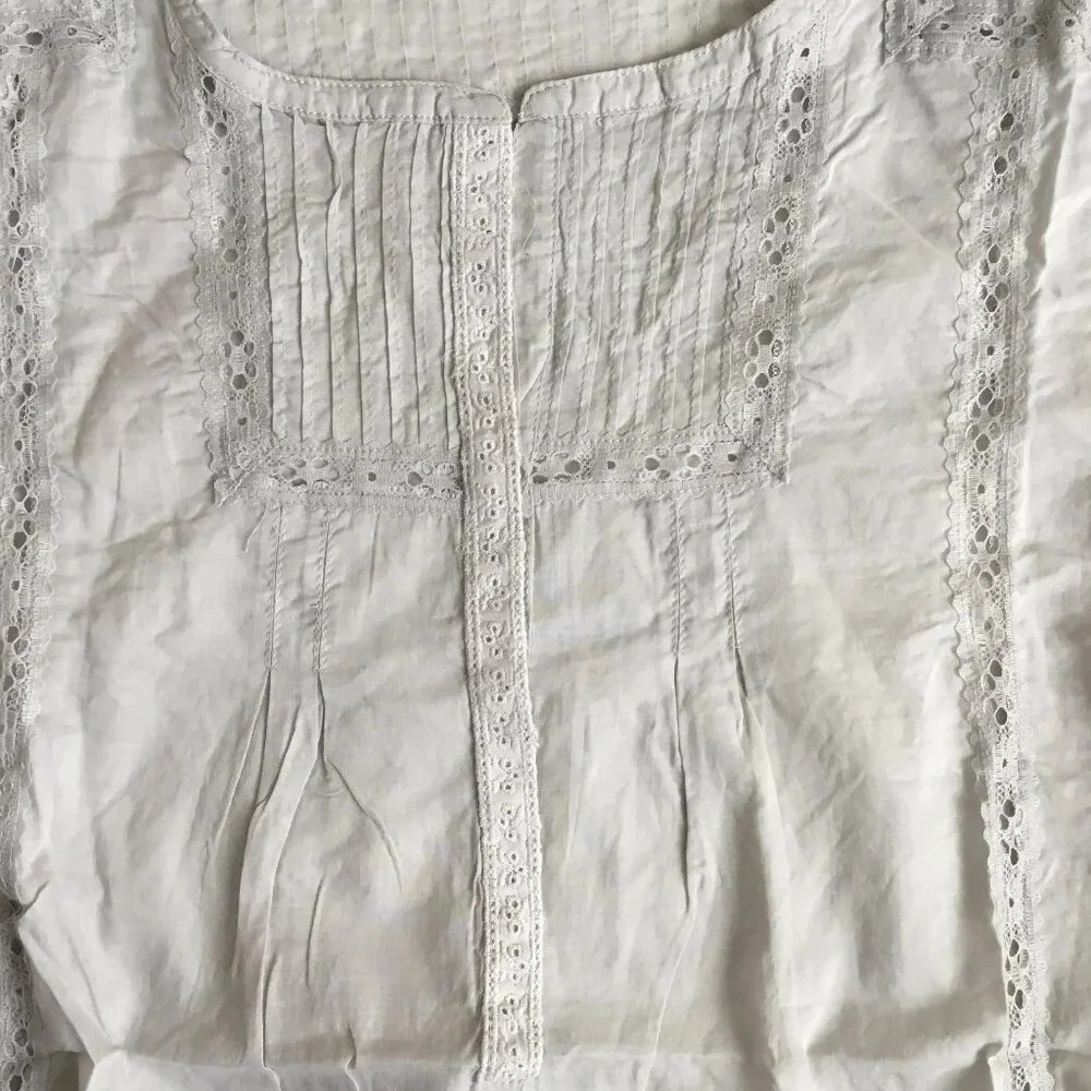 NWT Grey 100% Cotton Lace Trim Blouse 3/4 Sleeve Pin-tuck Shirt  Romantic  6-8 - Picture 3 of 16